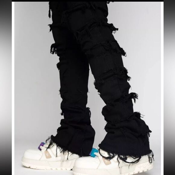 Guapi Stacker Distressed Fringed Denim Jeans Black Men’s Sz 34X48 Grunge Punk - Picture 6 of 8